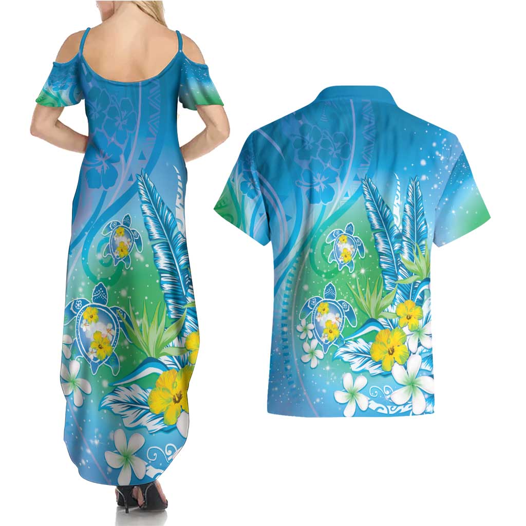 Hawaii Honu Couples Matching Summer Maxi Dress and Hawaiian Shirt Tropical Flowers Blue Gradient