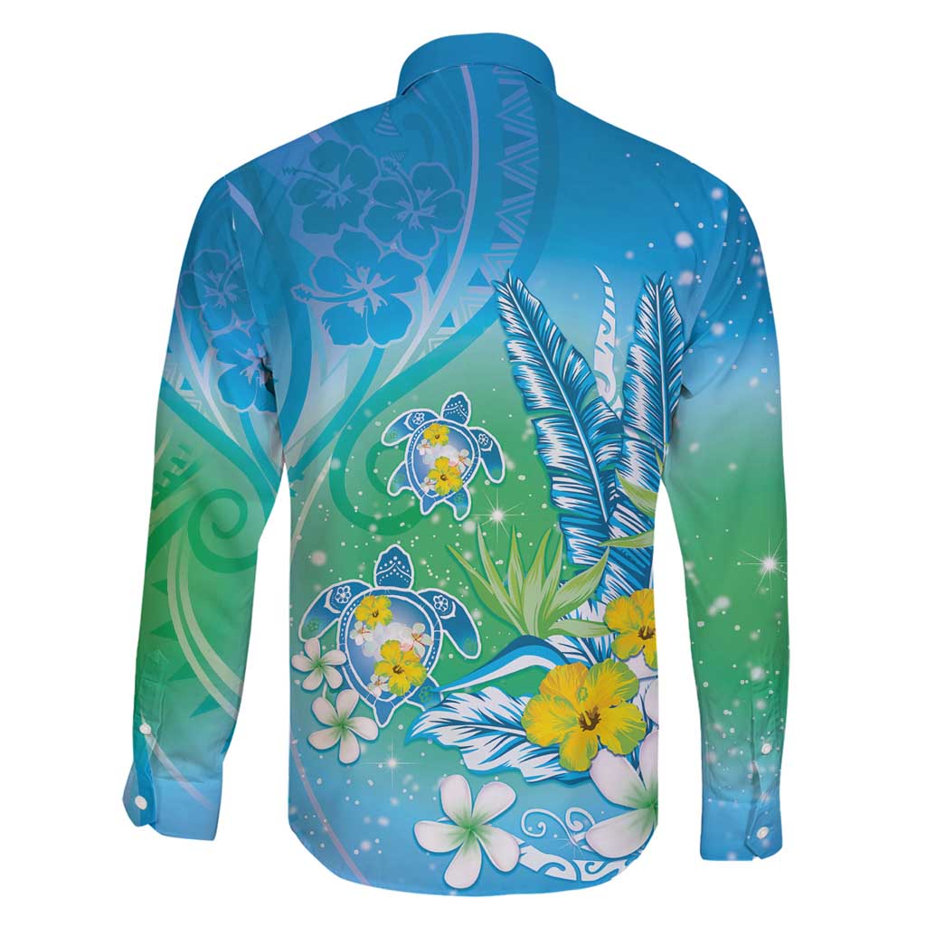 Hawaii Honu Family Matching Mermaid Dress and Hawaiian Shirt Tropical Flowers Blue Gradient