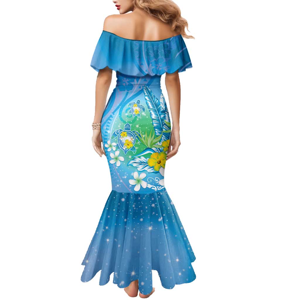 Hawaii Honu Family Matching Mermaid Dress and Hawaiian Shirt Tropical Flowers Blue Gradient