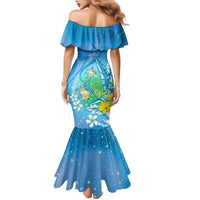 Hawaii Honu Family Matching Mermaid Dress and Hawaiian Shirt Tropical Flowers Blue Gradient