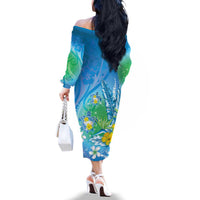 Hawaii Honu Family Matching Off The Shoulder Long Sleeve Dress and Hawaiian Shirt Tropical Flowers Blue Gradient