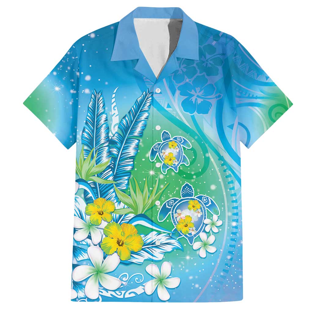 Hawaii Honu Family Matching Off Shoulder Maxi Dress and Hawaiian Shirt Tropical Flowers Blue Gradient