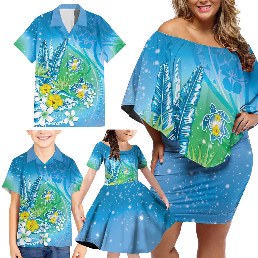 Hawaii Honu Family Matching Off Shoulder Short Dress and Hawaiian Shirt Tropical Flowers Blue Gradient LT05 - Polynesian Pride