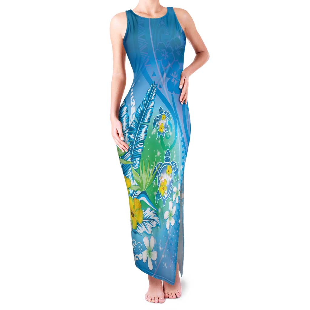 Hawaii Honu Family Matching Tank Maxi Dress and Hawaiian Shirt Tropical Flowers Blue Gradient
