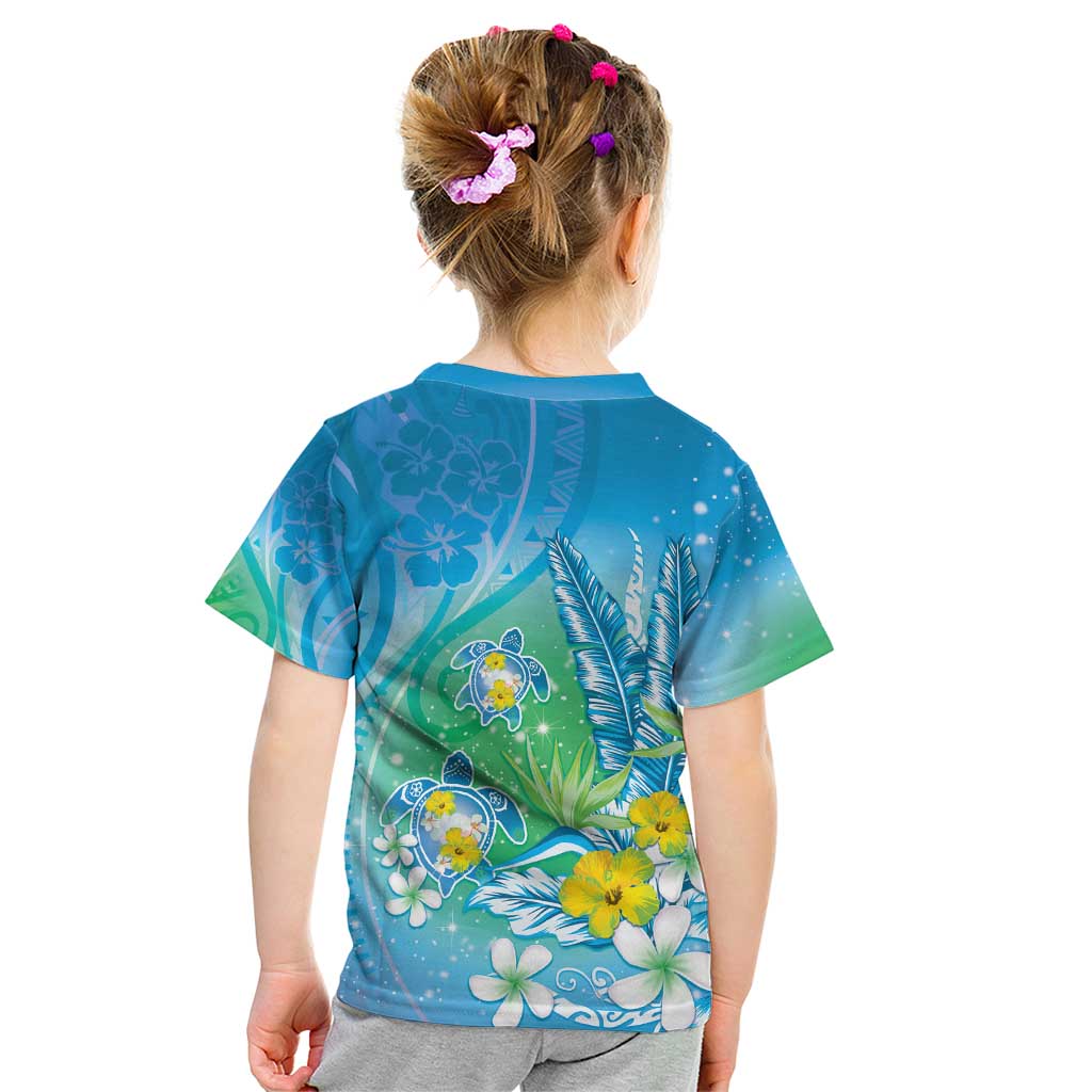 Hawaii Honu Kid T Shirt Tropical Flowers Blue Gradient