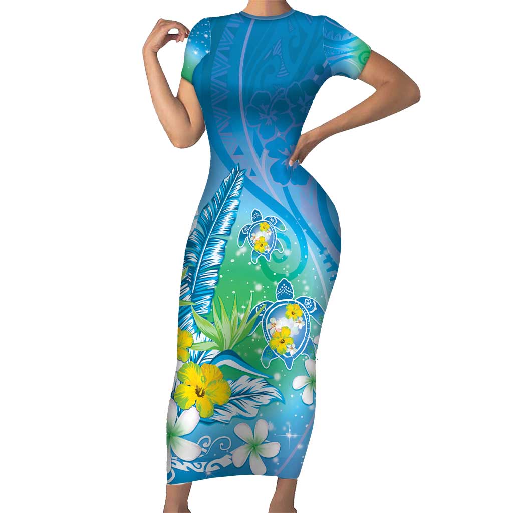 Hawaii Honu Short Sleeve Bodycon Dress Tropical Flowers Blue Gradient LT05 Long Dress Blue - Polynesian Pride