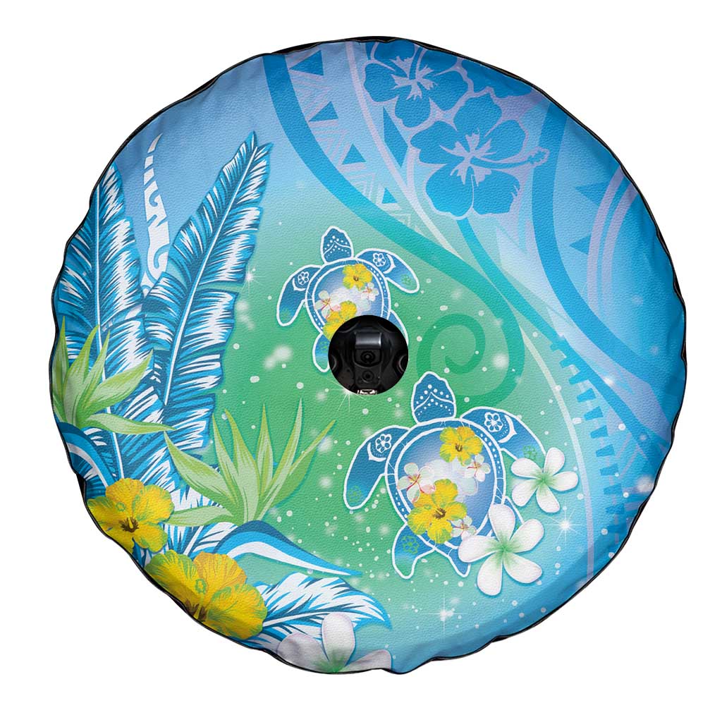 Hawaii Honu Spare Tire Cover Tropical Flowers Blue Gradient