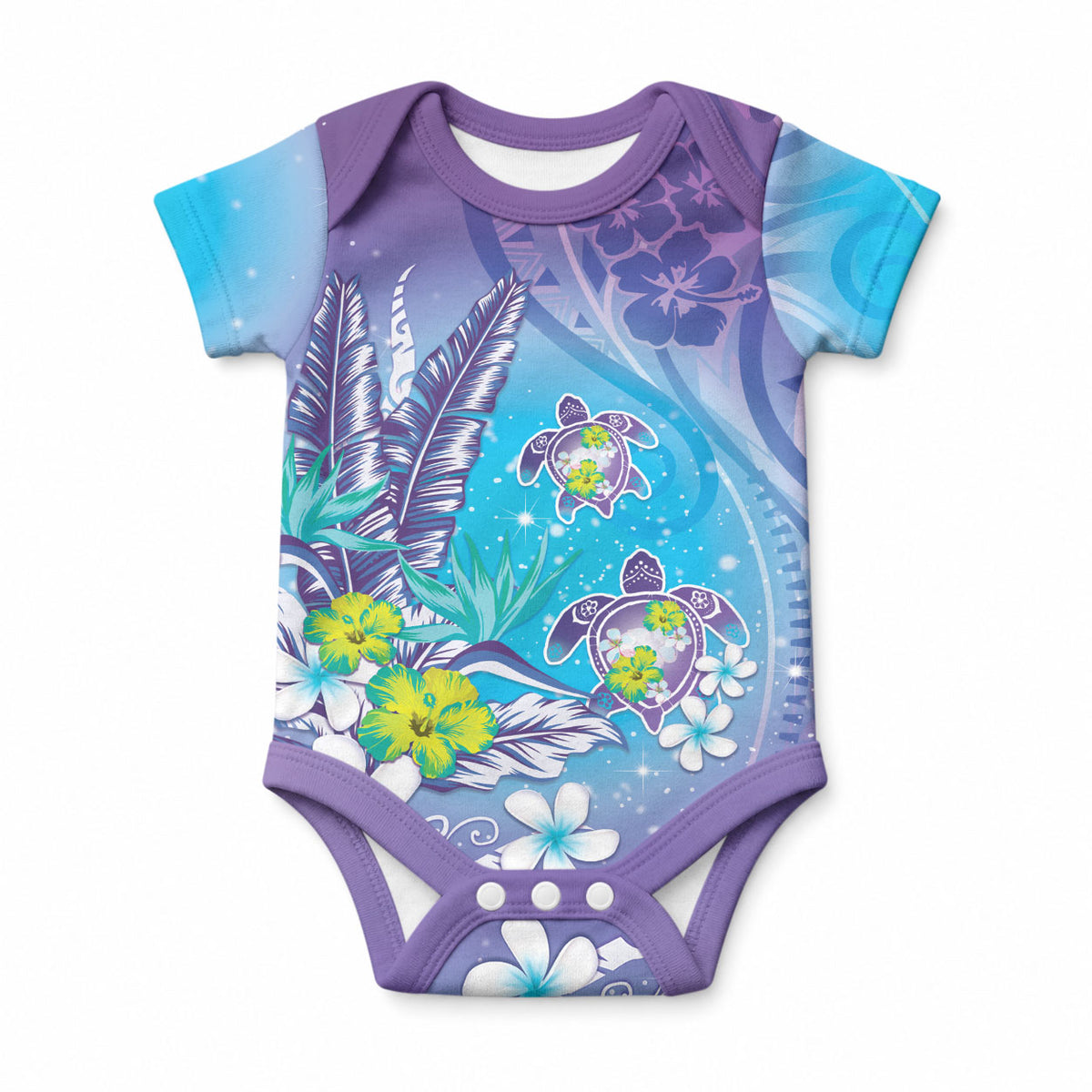 Hawaii Honu Baby Onesie Tropical Flowers Purple Gradient LT05 Purple - Polynesian Pride
