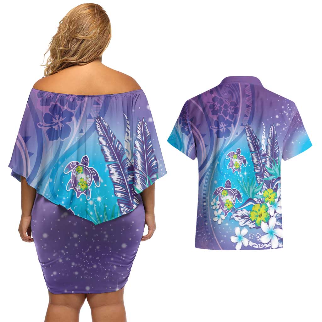 Hawaii Honu Couples Matching Off Shoulder Short Dress and Hawaiian Shirt Tropical Flowers Purple Gradient