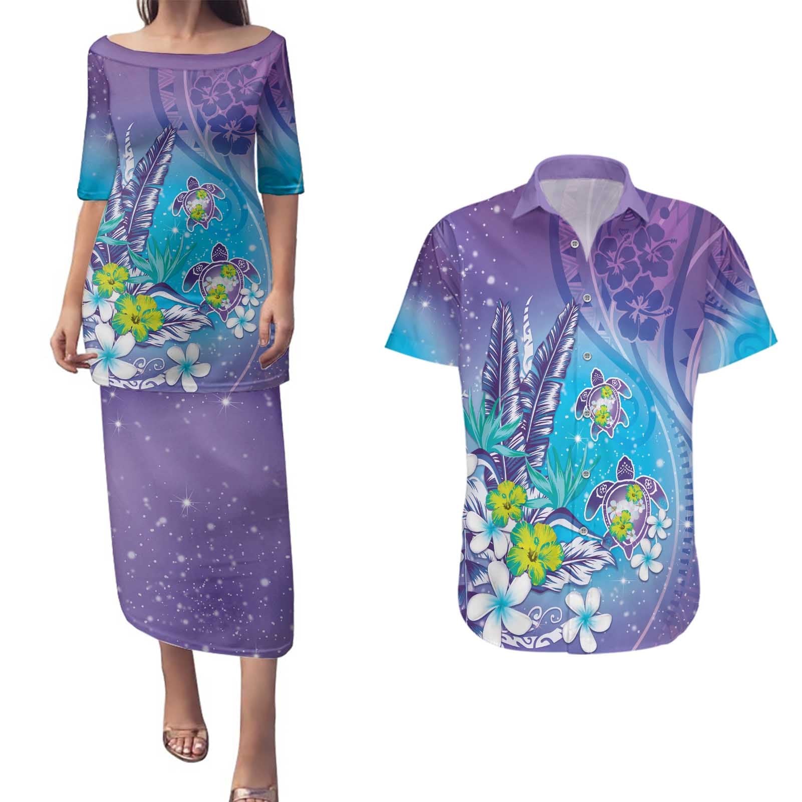 Hawaii Honu Couples Matching Puletasi and Hawaiian Shirt Tropical Flowers Purple Gradient