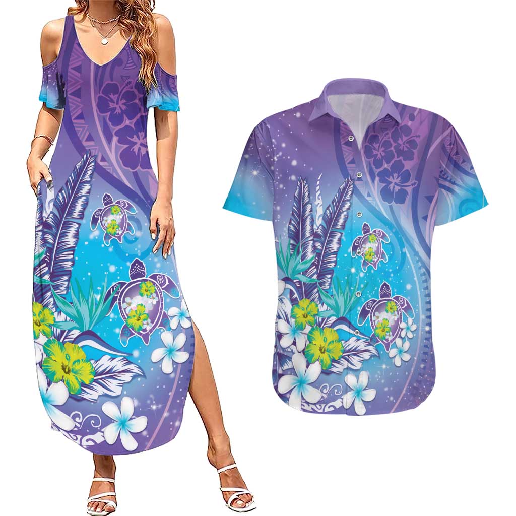Hawaii Honu Couples Matching Summer Maxi Dress and Hawaiian Shirt Tropical Flowers Purple Gradient