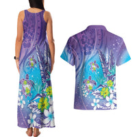 Hawaii Honu Couples Matching Tank Maxi Dress and Hawaiian Shirt Tropical Flowers Purple Gradient