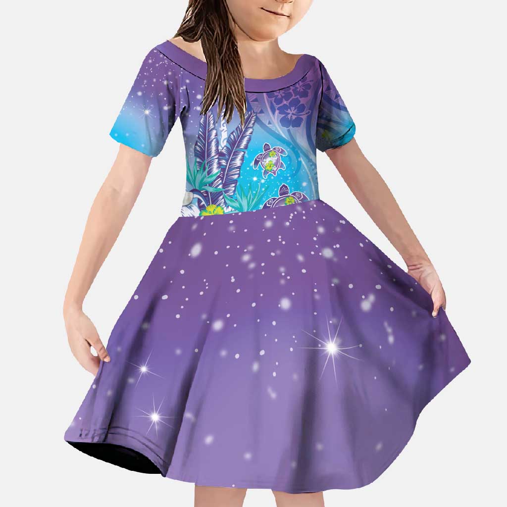 Hawaii Honu Family Matching Long Sleeve Bodycon Dress and Hawaiian Shirt Tropical Flowers Purple Gradient LT05 Daughter's Dress Purple - Polynesian Pride