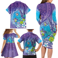 Hawaii Honu Family Matching Long Sleeve Bodycon Dress and Hawaiian Shirt Tropical Flowers Purple Gradient LT05 - Polynesian Pride