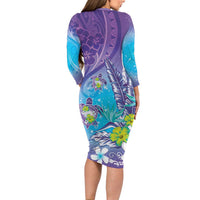Hawaii Honu Family Matching Long Sleeve Bodycon Dress and Hawaiian Shirt Tropical Flowers Purple Gradient LT05 - Polynesian Pride