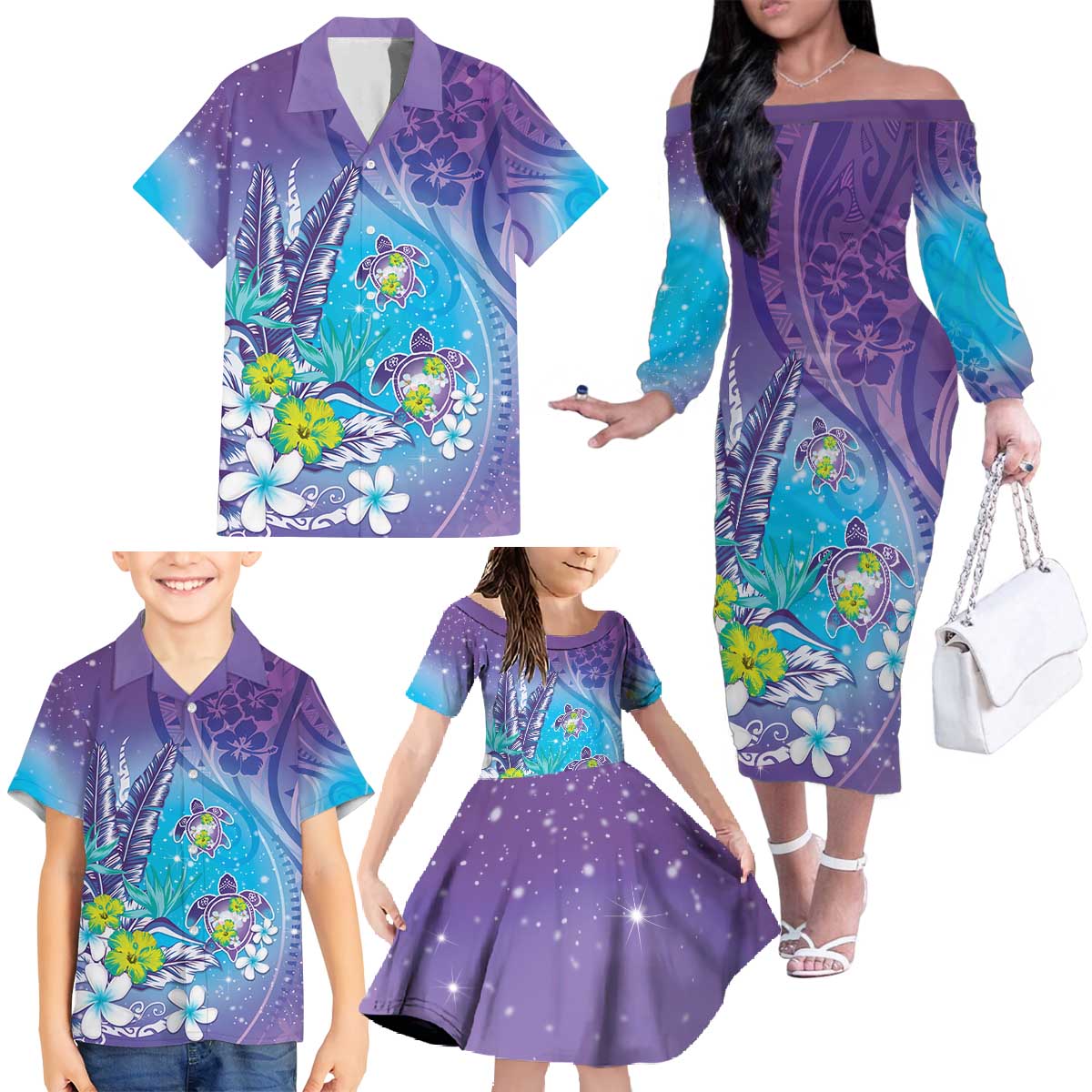 Hawaii Honu Family Matching Off The Shoulder Long Sleeve Dress and Hawaiian Shirt Tropical Flowers Purple Gradient LT05 - Polynesian Pride