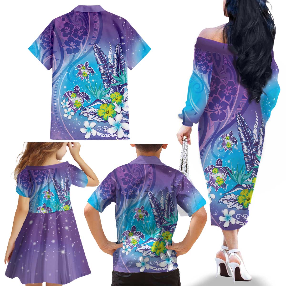 Hawaii Honu Family Matching Off The Shoulder Long Sleeve Dress and Hawaiian Shirt Tropical Flowers Purple Gradient LT05 - Polynesian Pride