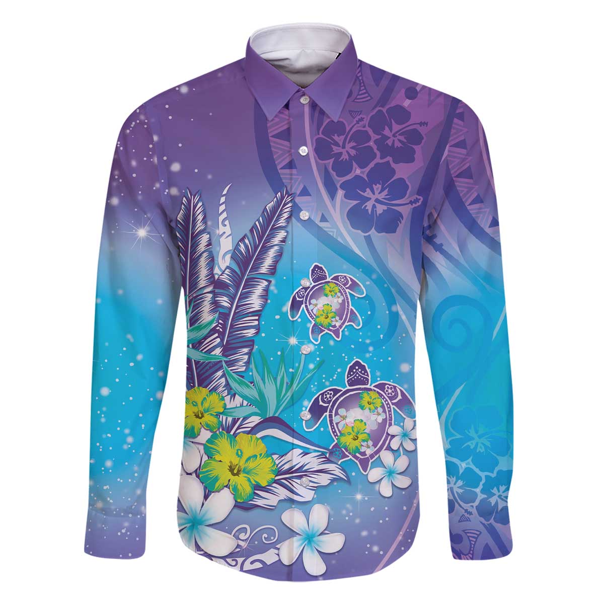 Hawaii Honu Family Matching Off The Shoulder Long Sleeve Dress and Hawaiian Shirt Tropical Flowers Purple Gradient LT05 Dad's Shirt - Long Sleeve Purple - Polynesian Pride