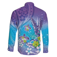 Hawaii Honu Family Matching Off The Shoulder Long Sleeve Dress and Hawaiian Shirt Tropical Flowers Purple Gradient LT05 - Polynesian Pride