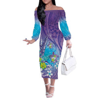 Hawaii Honu Family Matching Off The Shoulder Long Sleeve Dress and Hawaiian Shirt Tropical Flowers Purple Gradient LT05 Mom's Dress Purple - Polynesian Pride