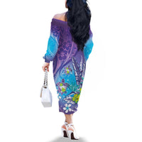 Hawaii Honu Family Matching Off The Shoulder Long Sleeve Dress and Hawaiian Shirt Tropical Flowers Purple Gradient LT05 - Polynesian Pride