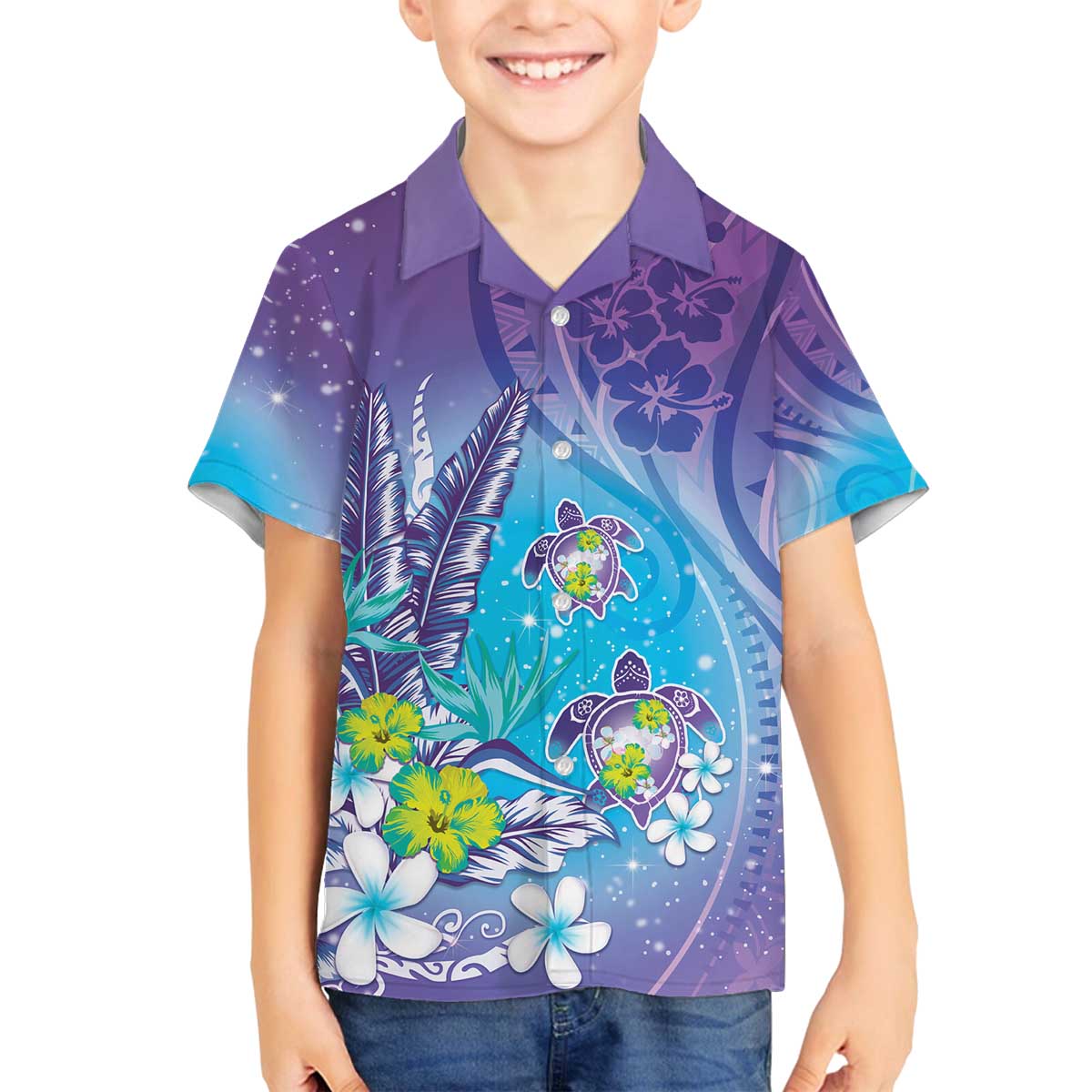 Hawaii Honu Family Matching Off The Shoulder Long Sleeve Dress and Hawaiian Shirt Tropical Flowers Purple Gradient LT05 Son's Shirt Purple - Polynesian Pride