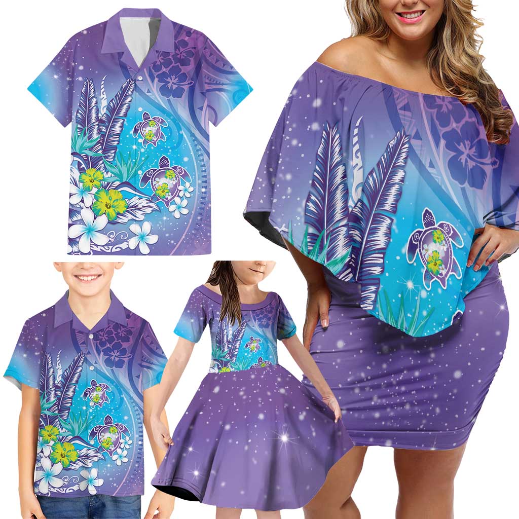 Hawaii Honu Family Matching Off Shoulder Short Dress and Hawaiian Shirt Tropical Flowers Purple Gradient LT05 - Polynesian Pride