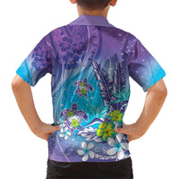 Hawaii Honu Family Matching Short Sleeve Bodycon Dress and Hawaiian Shirt Tropical Flowers Purple Gradient LT05 - Polynesian Pride