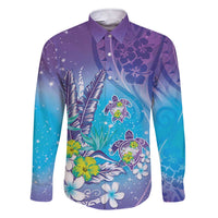 Hawaii Honu Family Matching Short Sleeve Bodycon Dress and Hawaiian Shirt Tropical Flowers Purple Gradient LT05 Dad's Shirt - Long Sleeve Purple - Polynesian Pride