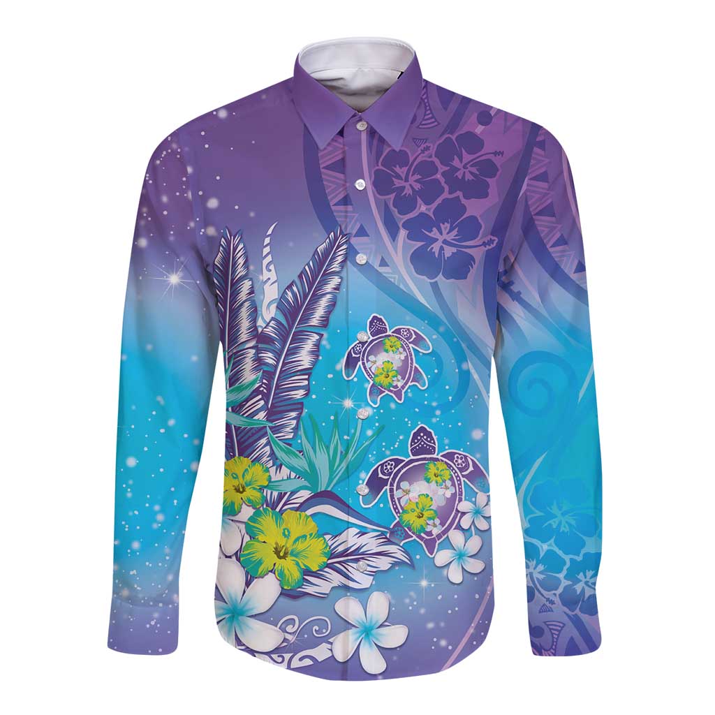 Hawaii Honu Long Sleeve Button Shirt Tropical Flowers Purple Gradient LT05 Unisex Purple - Polynesian Pride