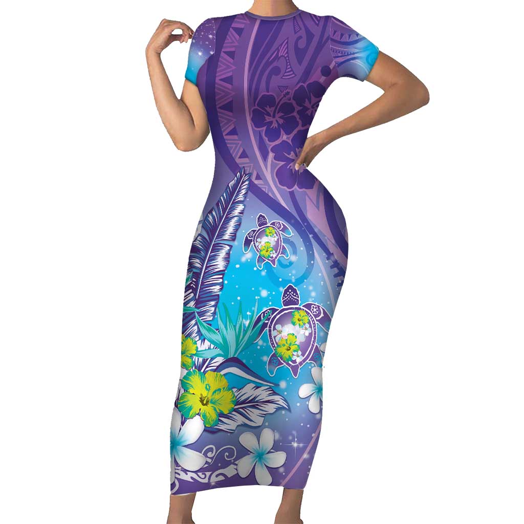 Hawaii Honu Short Sleeve Bodycon Dress Tropical Flowers Purple Gradient LT05 Long Dress Purple - Polynesian Pride