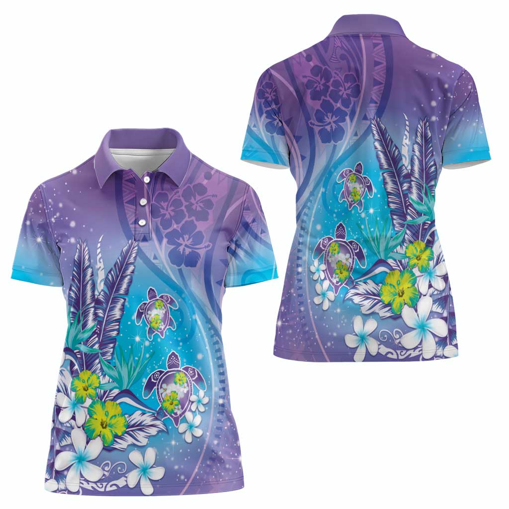 Hawaii Honu Women Polo Shirt Tropical Flowers Purple Gradient LT05 - Polynesian Pride
