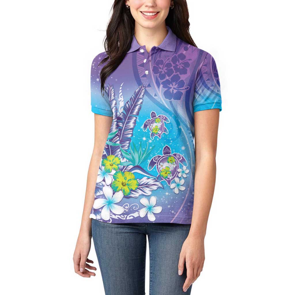 Hawaii Honu Women Polo Shirt Tropical Flowers Purple Gradient LT05 - Polynesian Pride