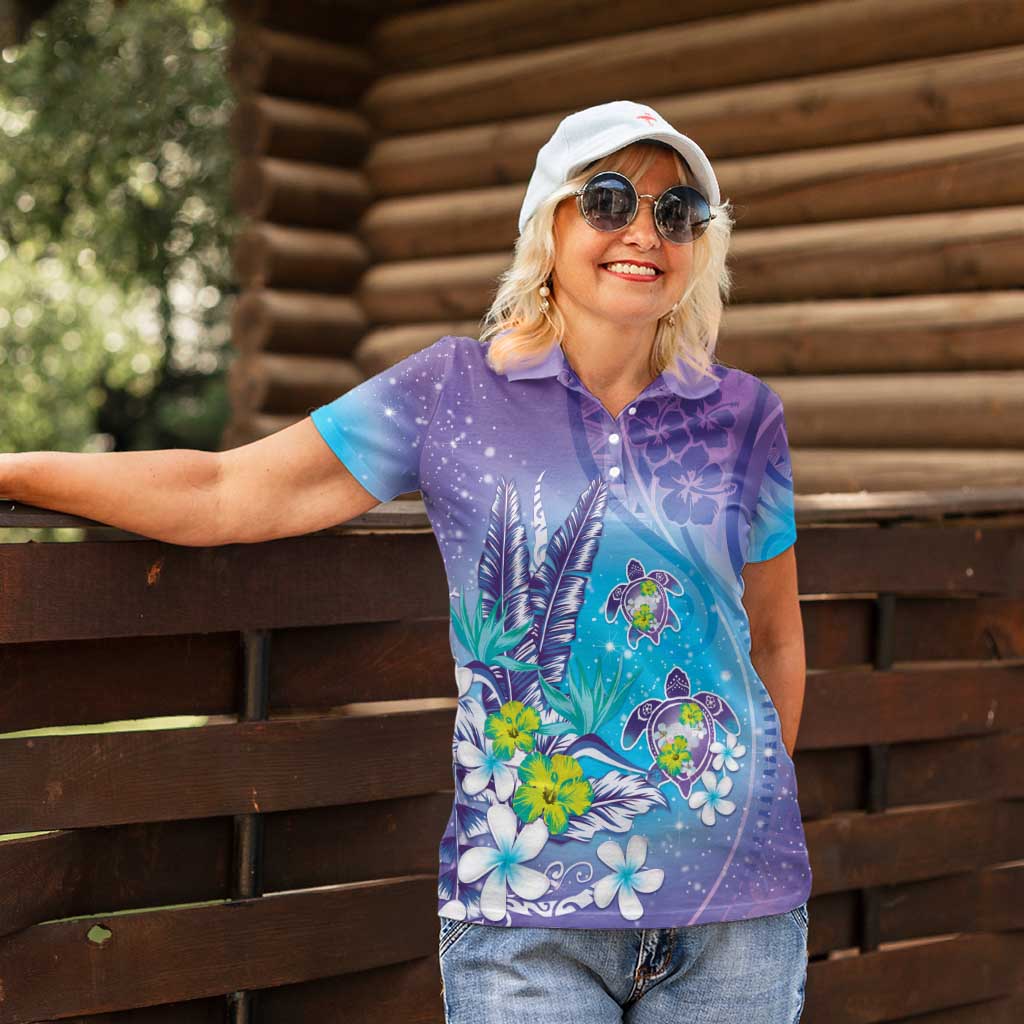 Hawaii Honu Women Polo Shirt Tropical Flowers Purple Gradient LT05 - Polynesian Pride
