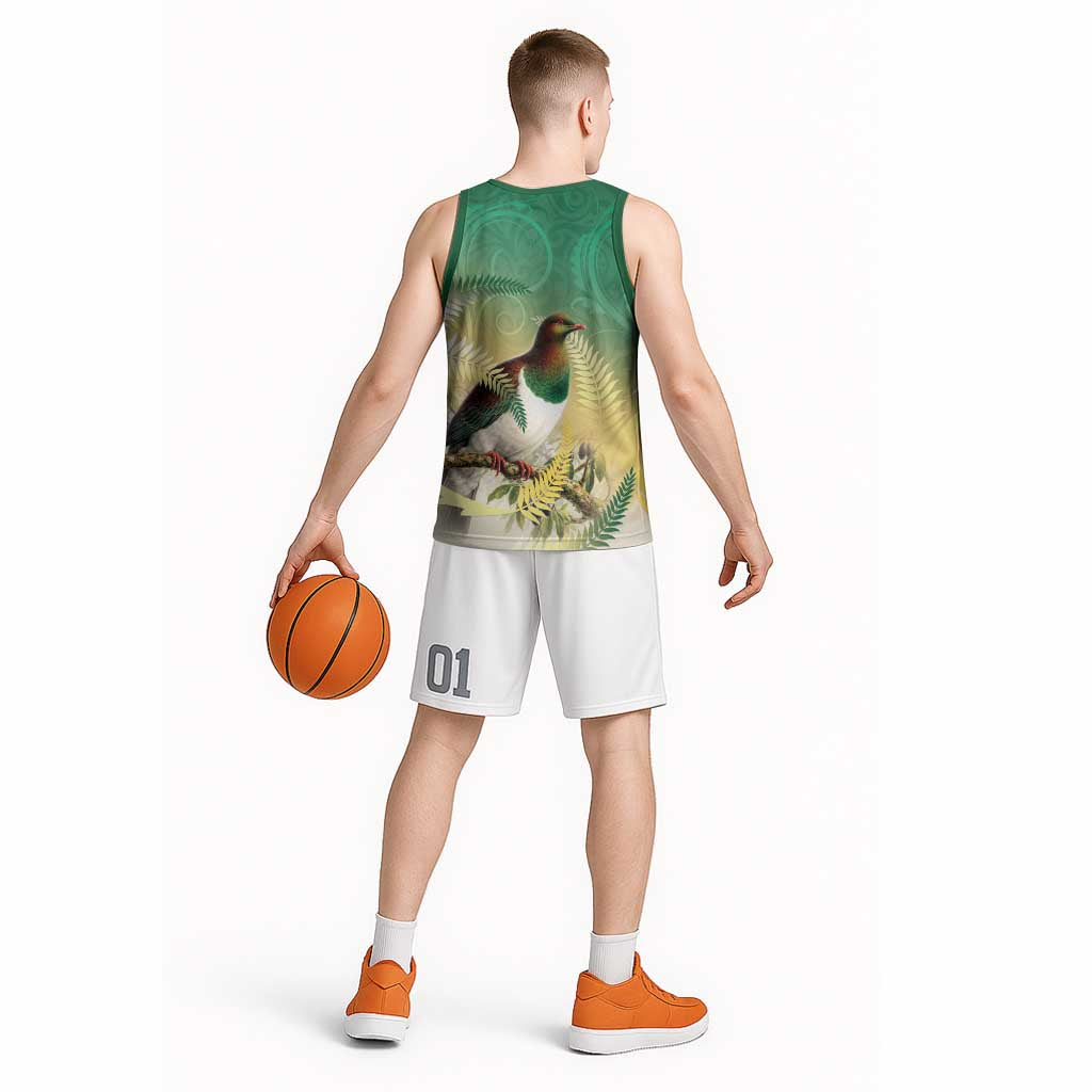 New Zealand Pigeon Kereru Basketball Jersey Maori Fern Art Green Gradient LT05 - Polynesian Pride