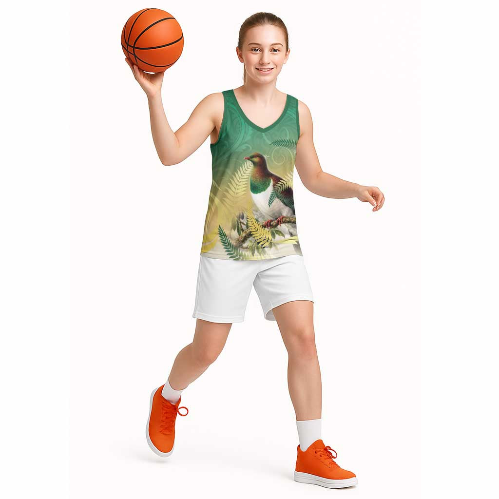 New Zealand Pigeon Kereru Basketball Jersey Maori Fern Art Green Gradient LT05 - Polynesian Pride