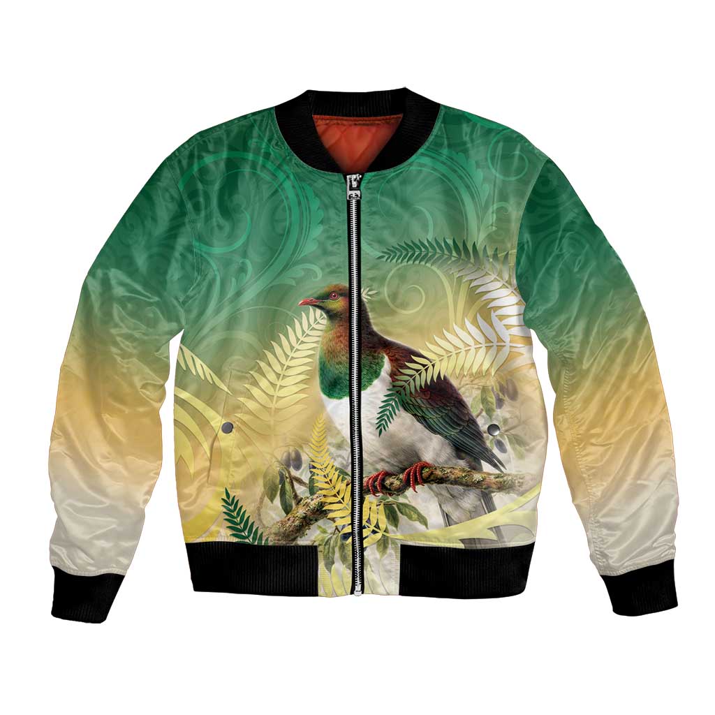 New Zealand Pigeon Kereru Bomber Jacket Maori Fern Art Green Gradient - Polynesian Pride