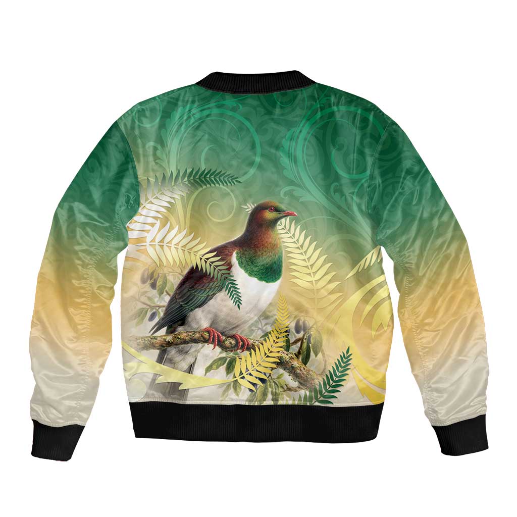 New Zealand Pigeon Kereru Bomber Jacket Maori Fern Art Green Gradient - Polynesian Pride