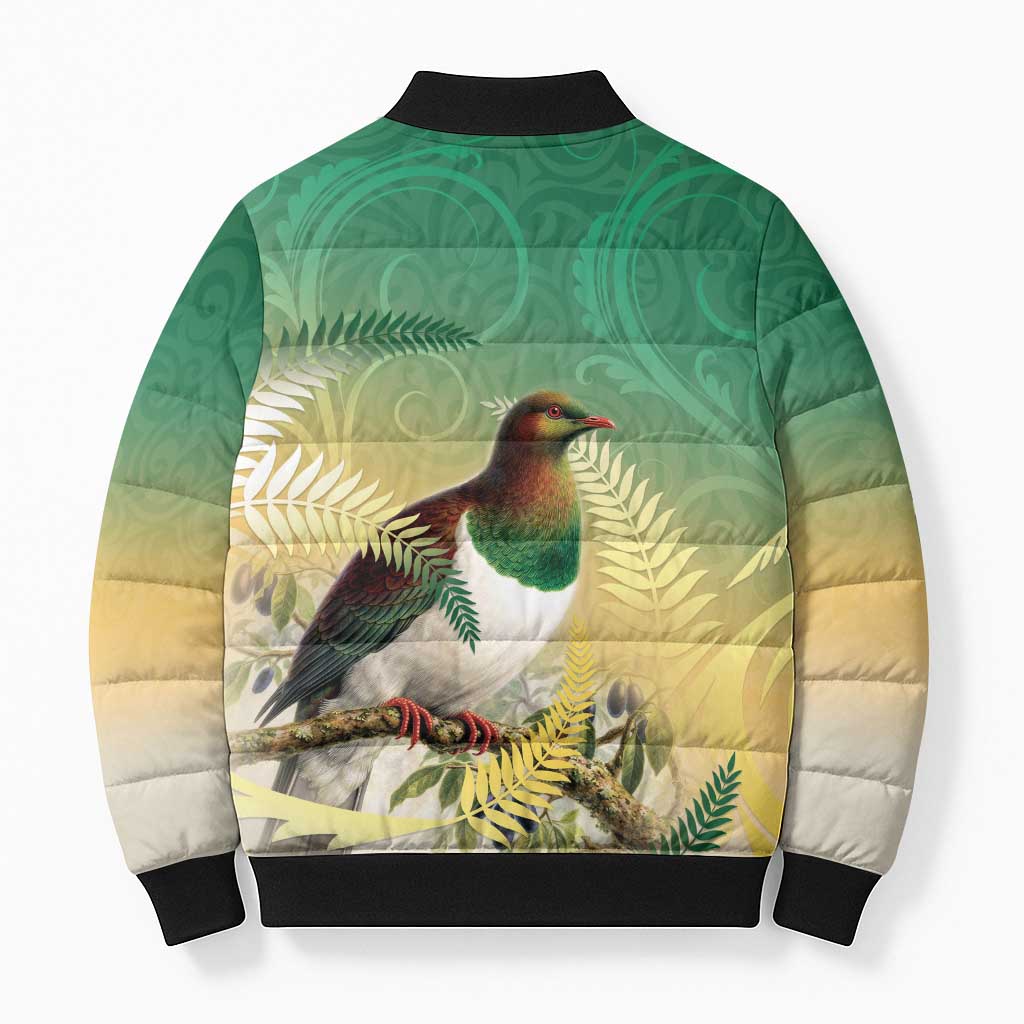 New Zealand Pigeon Kereru Bomber Puffer Jacket Maori Fern Art Green Gradient - Polynesian Pride