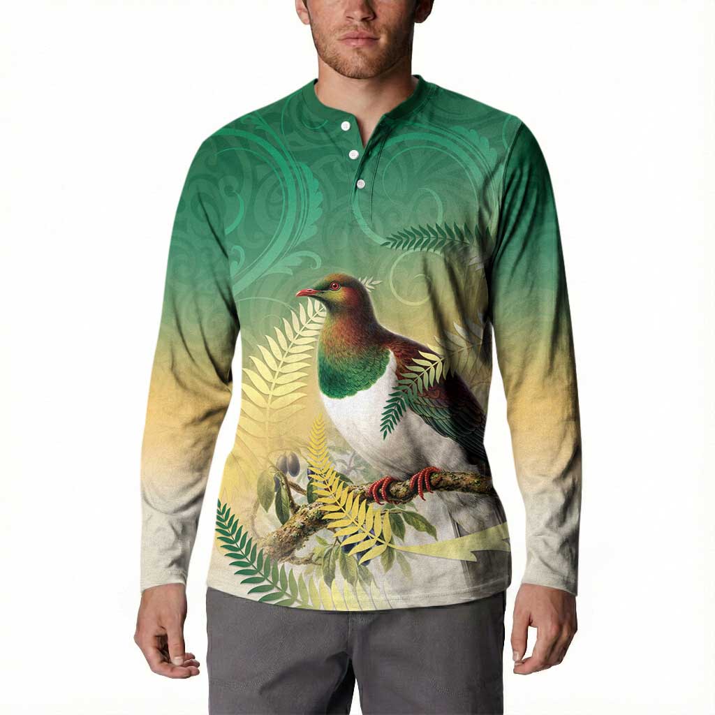 New Zealand Pigeon Kereru Button Sweatshirt Maori Fern Art Green Gradient - Polynesian Pride