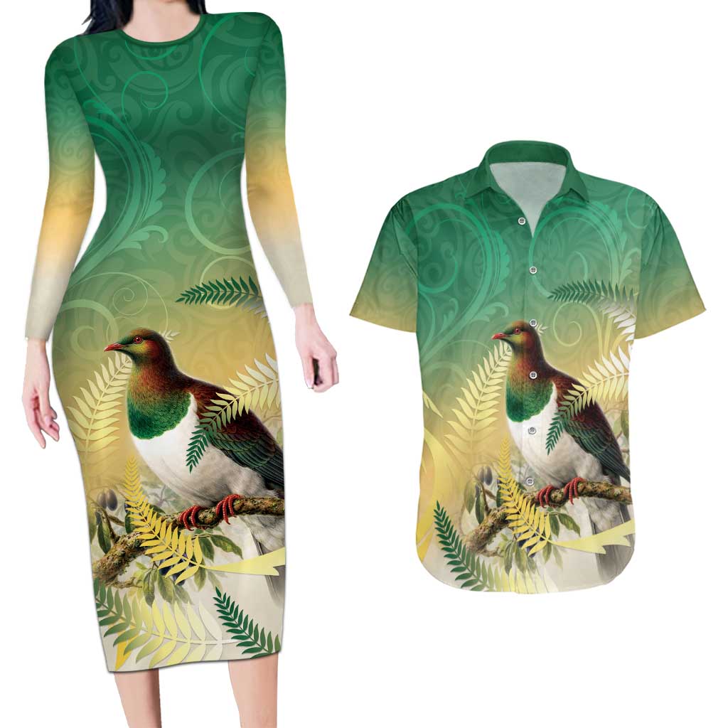 New Zealand Pigeon Kereru Couples Matching Long Sleeve Bodycon Dress and Hawaiian Shirt Maori Fern Art Green Gradient - Polynesian Pride