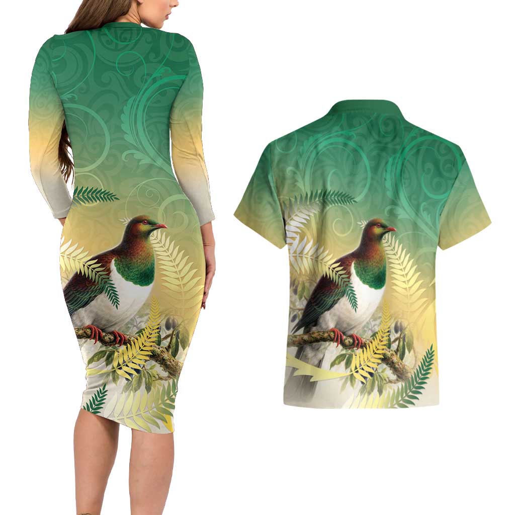 New Zealand Pigeon Kereru Couples Matching Long Sleeve Bodycon Dress and Hawaiian Shirt Maori Fern Art Green Gradient LT05 - Polynesian Pride