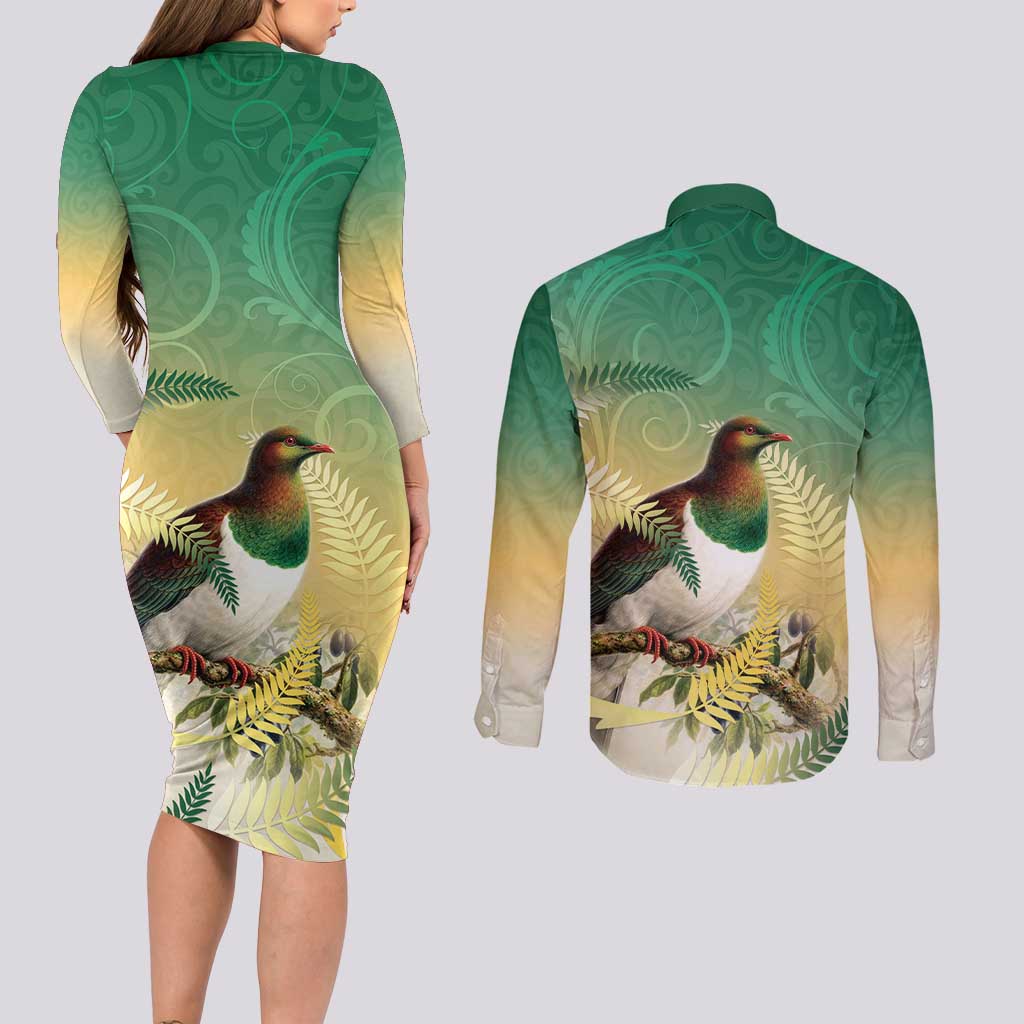New Zealand Pigeon Kereru Couples Matching Long Sleeve Bodycon Dress and Long Sleeve Button Shirt Maori Fern Art Green Gradient LT05 - Polynesian Pride