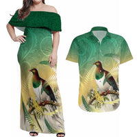 New Zealand Pigeon Kereru Couples Matching Off Shoulder Maxi Dress and Hawaiian Shirt Maori Fern Art Green Gradient LT05 Green - Polynesian Pride