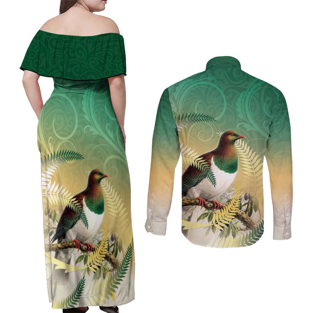 New Zealand Pigeon Kereru Couples Matching Off Shoulder Maxi Dress and Long Sleeve Button Shirt Maori Fern Art Green Gradient LT05 - Polynesian Pride