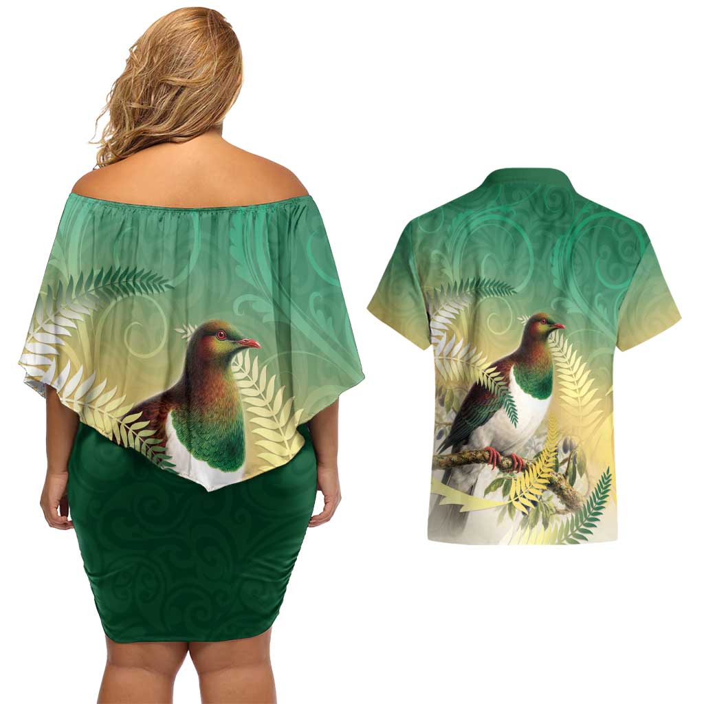 New Zealand Pigeon Kereru Couples Matching Off Shoulder Short Dress and Hawaiian Shirt Maori Fern Art Green Gradient LT05 - Polynesian Pride