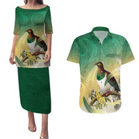 New Zealand Pigeon Kereru Couples Matching Puletasi and Hawaiian Shirt Maori Fern Art Green Gradient LT05 Green - Polynesian Pride