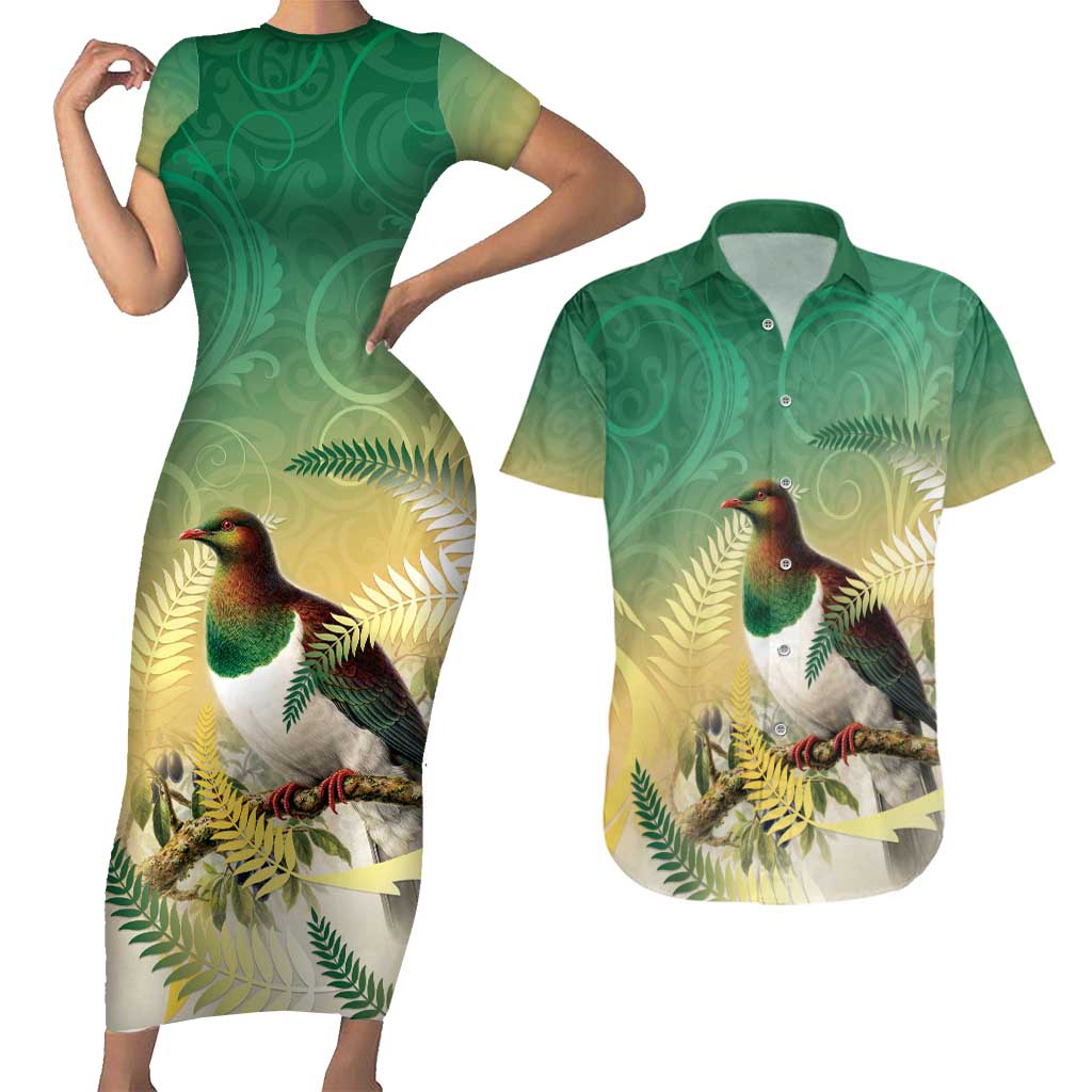 New Zealand Pigeon Kereru Couples Matching Short Sleeve Bodycon Dress and Hawaiian Shirt Maori Fern Art Green Gradient LT05 Green - Polynesian Pride