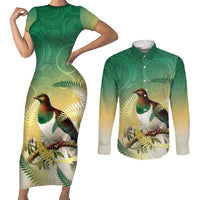 New Zealand Pigeon Kereru Couples Matching Short Sleeve Bodycon Dress and Long Sleeve Button Shirt Maori Fern Art Green Gradient LT05 Green - Polynesian Pride