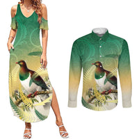 New Zealand Pigeon Kereru Couples Matching Summer Maxi Dress and Long Sleeve Button Shirt Maori Fern Art Green Gradient LT05 Green - Polynesian Pride